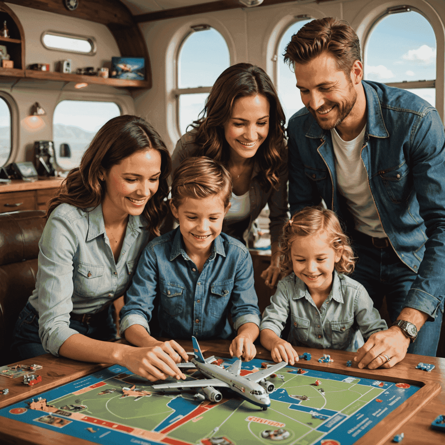 A family playing Aviator board game, with an airplane-themed game board and pieces. The family members are smiling and engaged in the game.