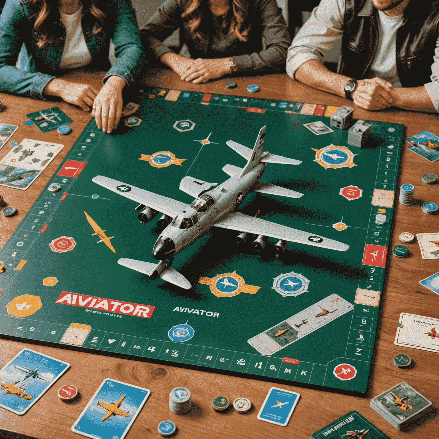 Aviator board game setup with family playing, showing a detailed game board with airplane tokens, mission cards, and excited players around a table