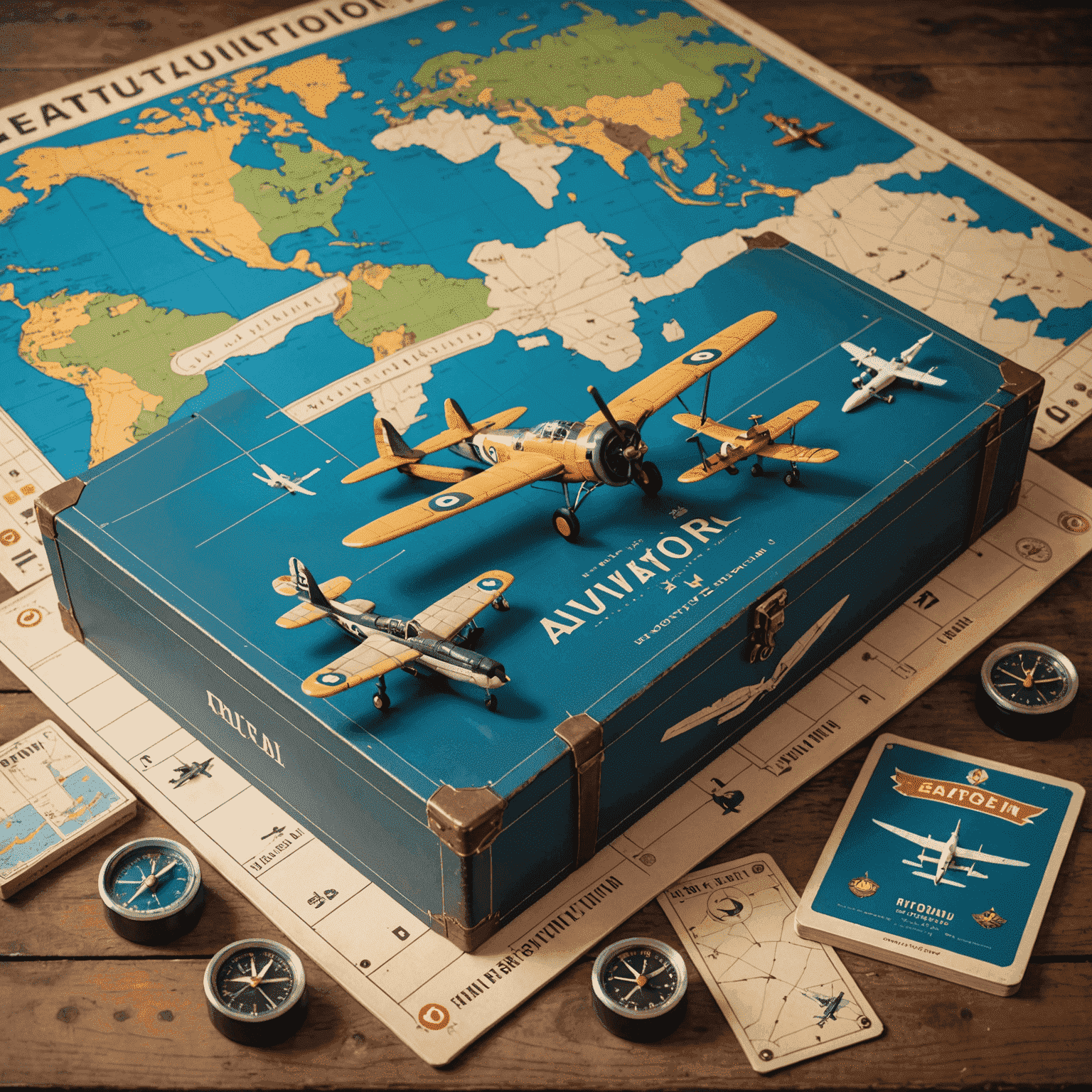 A vintage Aviator board game box with old airplanes and a world map in the background, showcasing the game's evolution over time