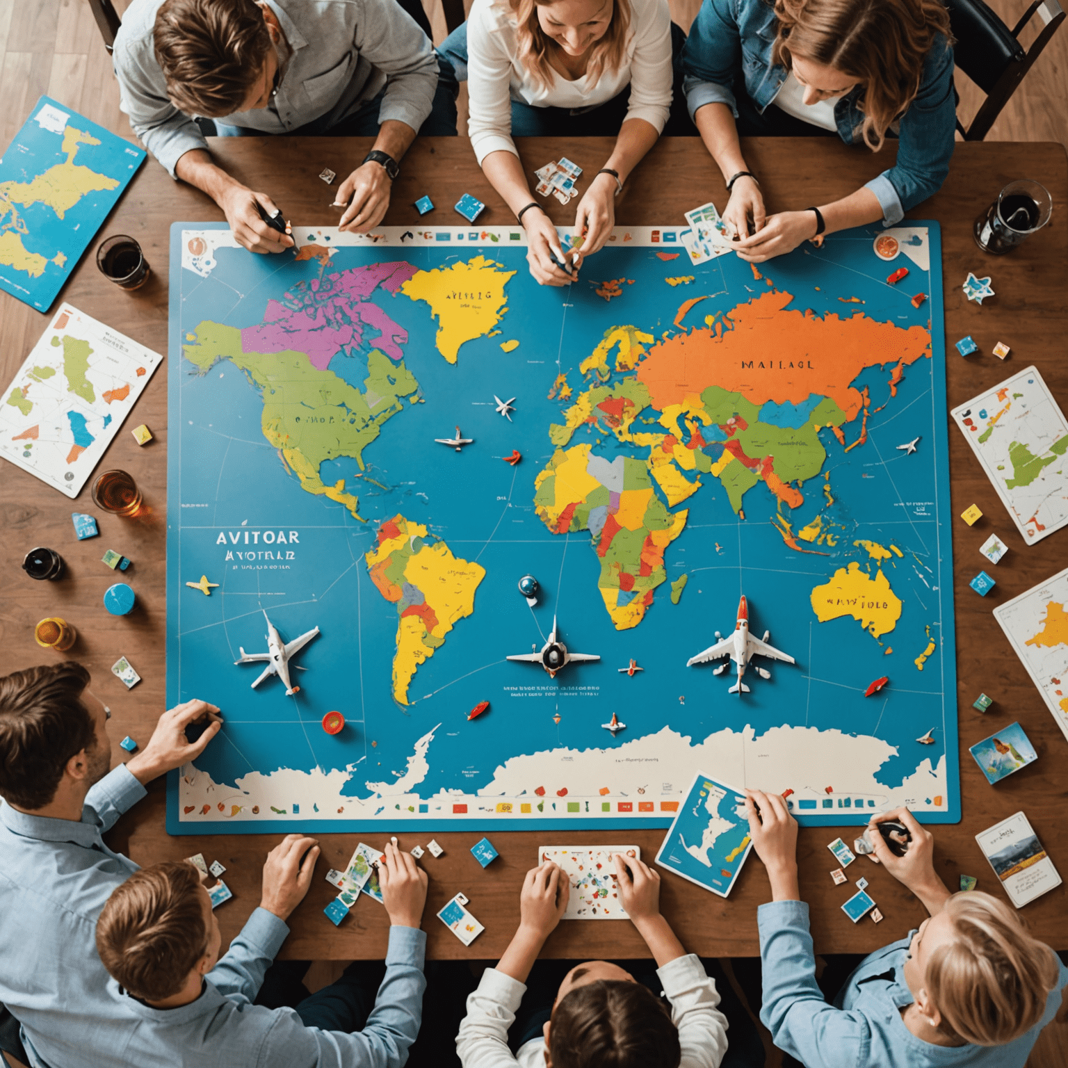 A family gathered around a table, playing the Aviator board game. The game board shows a world map with flight routes, and colorful airplane pieces are scattered across it. The family members are smiling and engaged in the game.