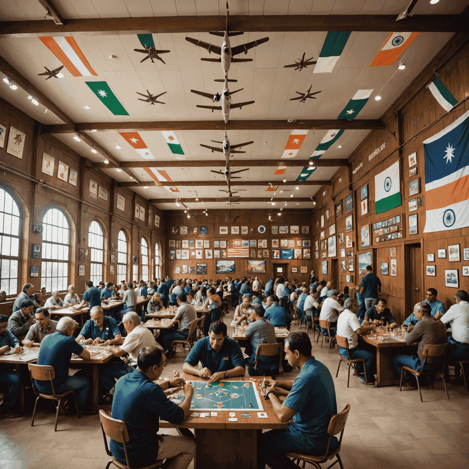 A large tournament hall filled with tables of Aviator board games being played by enthusiastic participants. Indian flags and aviation-themed decorations adorn the walls.