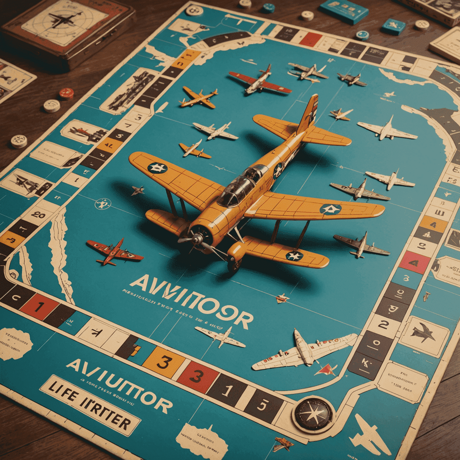 A vintage board game with an airplane theme, showcasing the evolution of Aviator from its early days to modern times