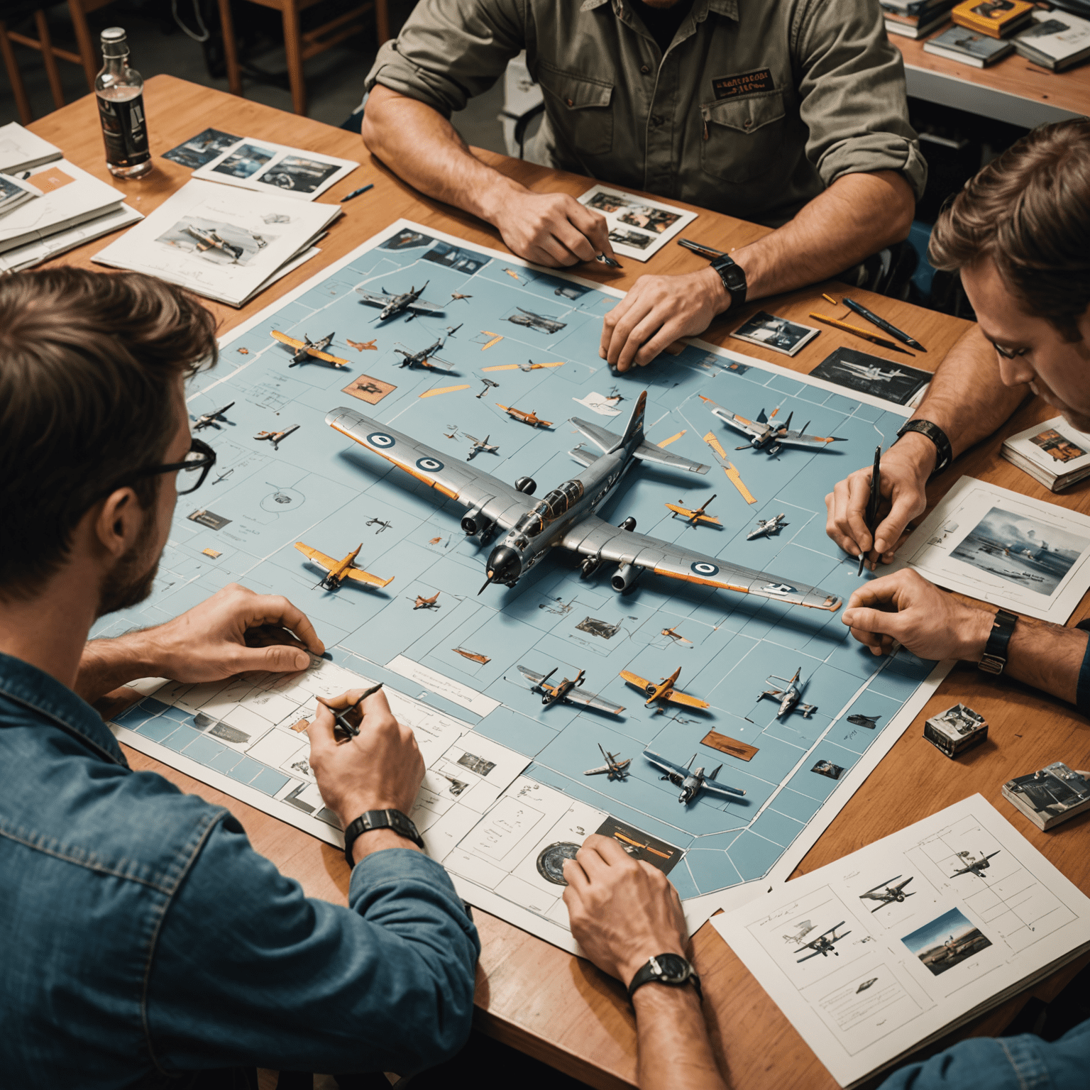 A group of game designers working on the prototype of Aviator, surrounded by aviation books, miniature planes, and early sketches of the game board