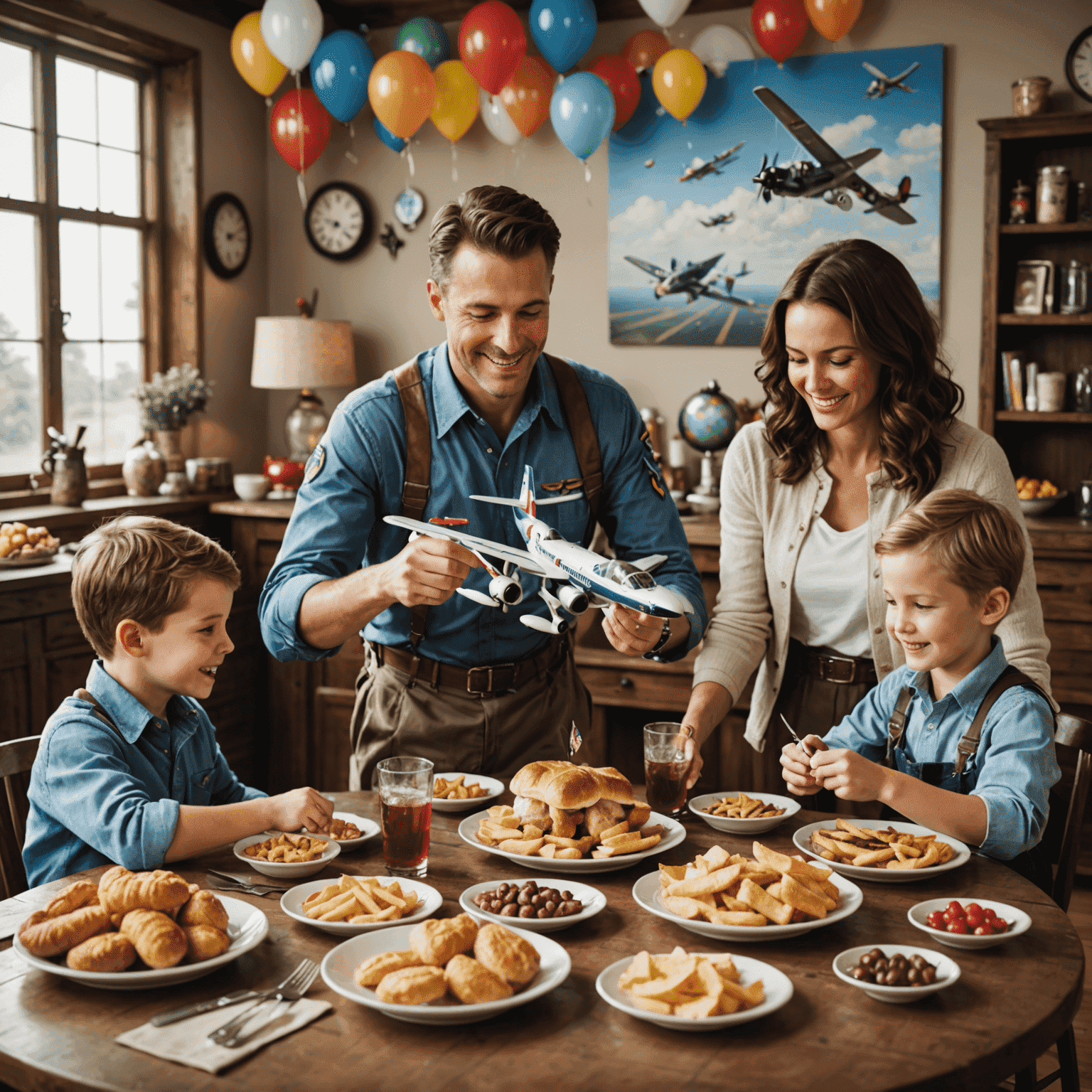 A happy family gathered around a table playing Aviator, with snacks and decorations themed around aviation