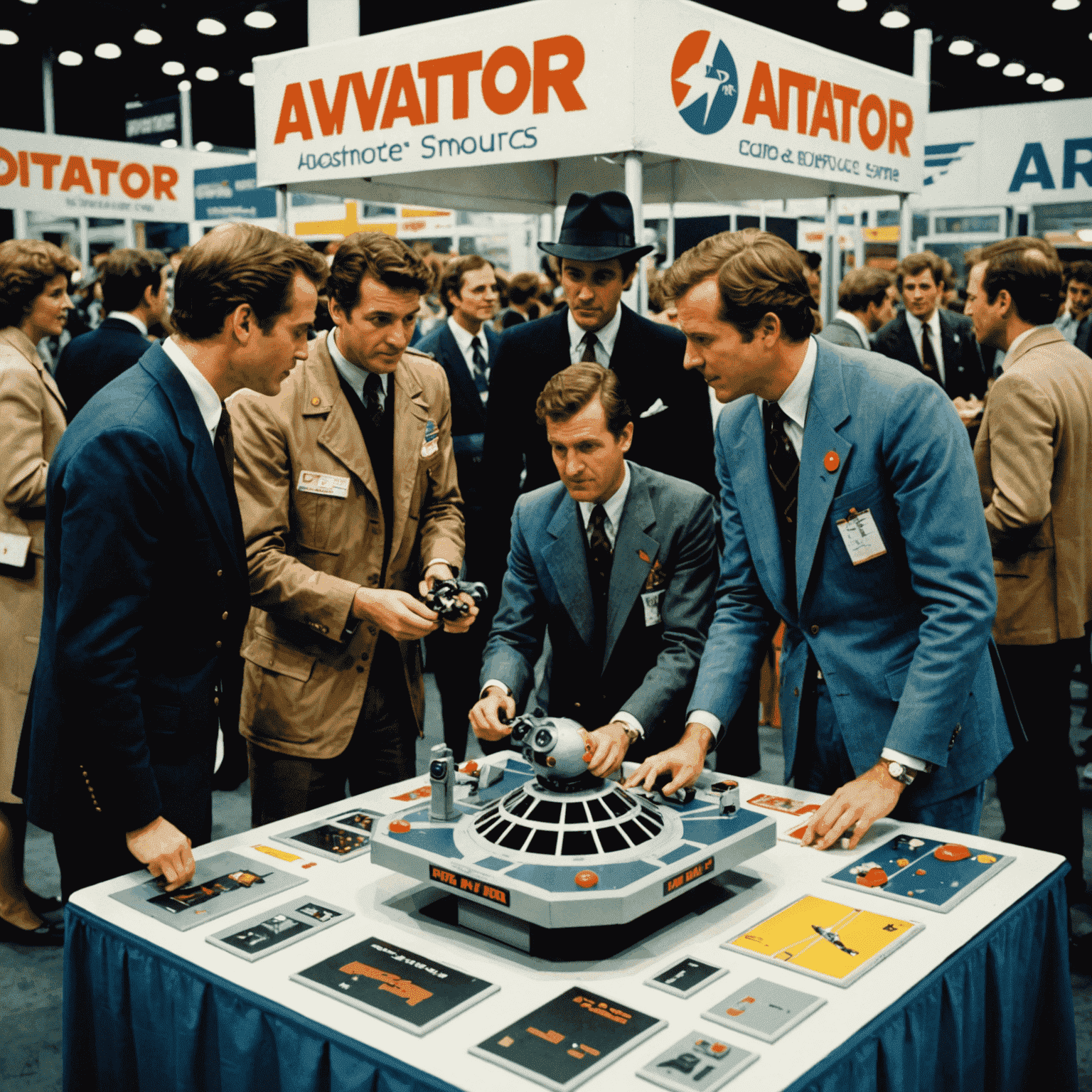 The Aviator game booth at the 1982 New York Toy Fair, with excited visitors examining the game and its components