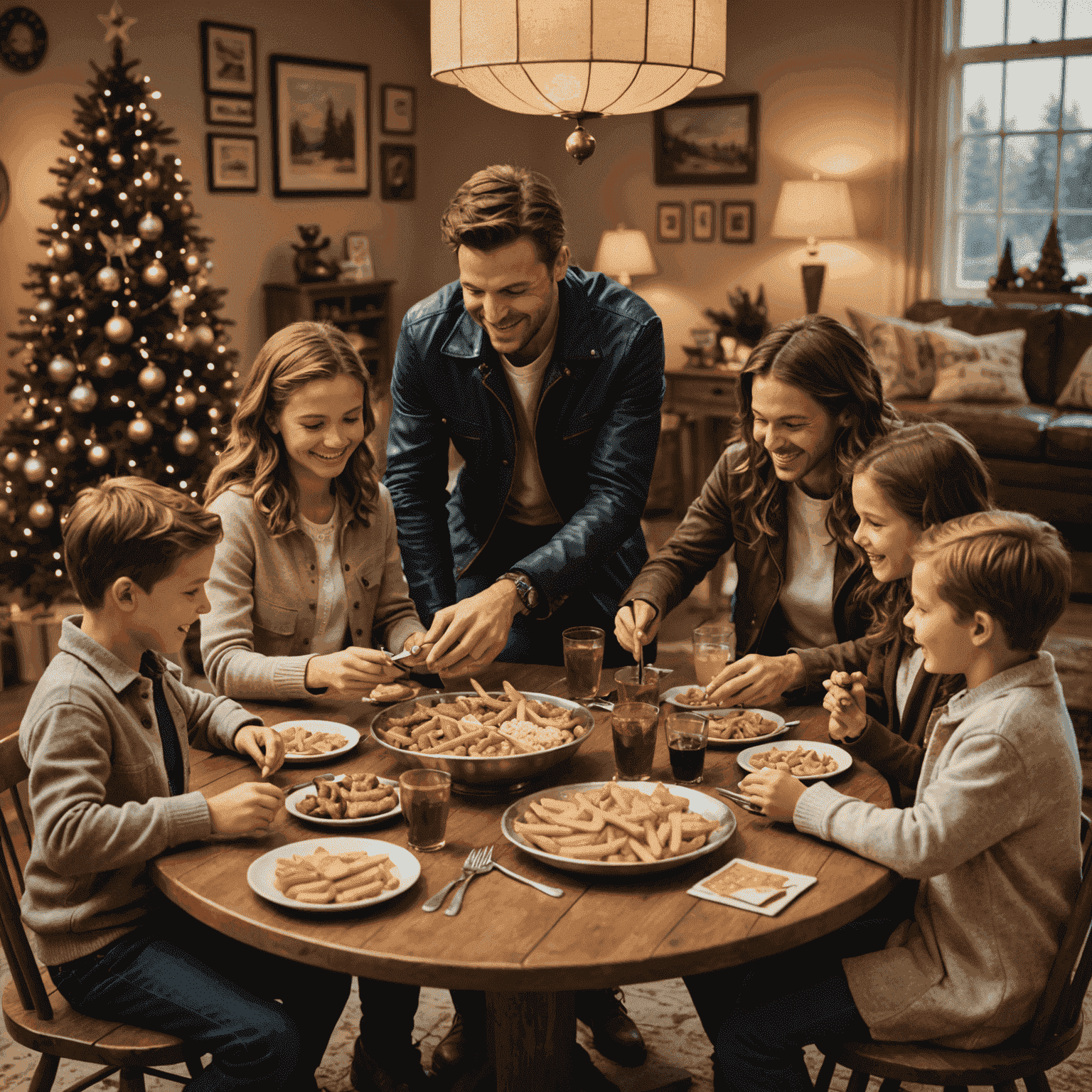 A happy family gathered around a table playing Aviator, with snacks and decorations creating a festive game night atmosphere