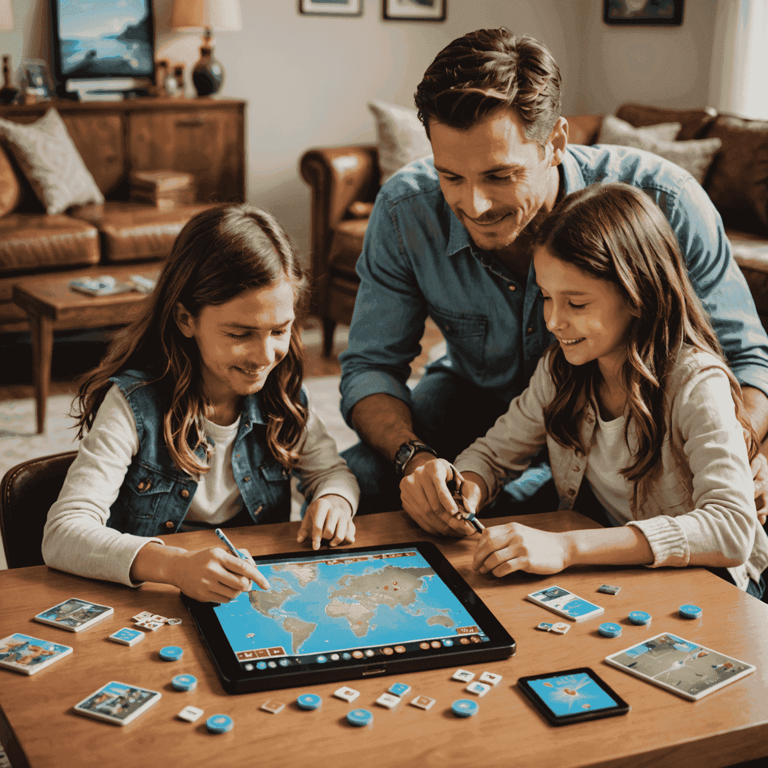 A family playing the Aviator board game together, with a tablet nearby showing the digital version of the game